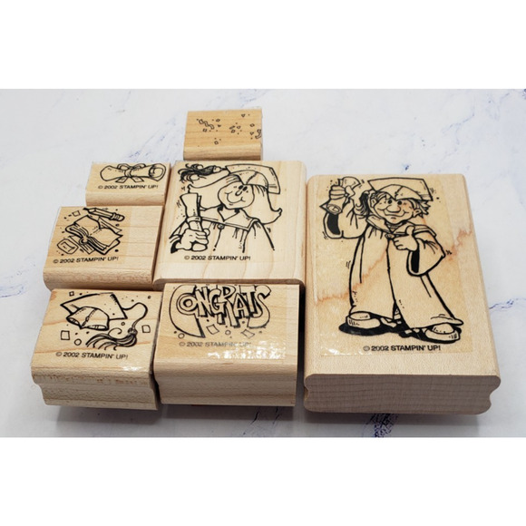 Stampin Up Great Graduation 7 Piece Wood Mounted Rubber Stamp Set - Picture 1 of 16